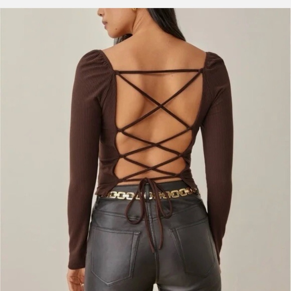 Reformation Open Back Chocolate Brown Ribbed Blouse